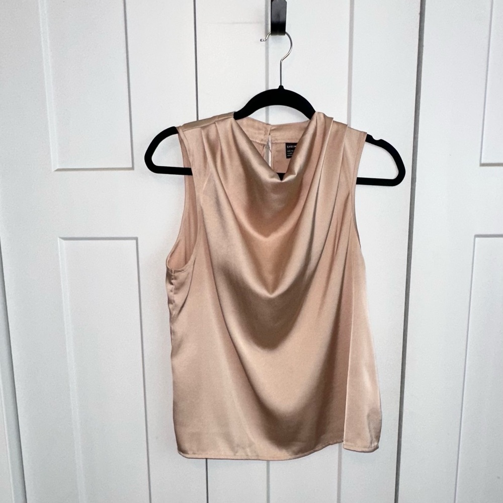 SHEIN Beige Sleeveless Cowl Neck Blouse